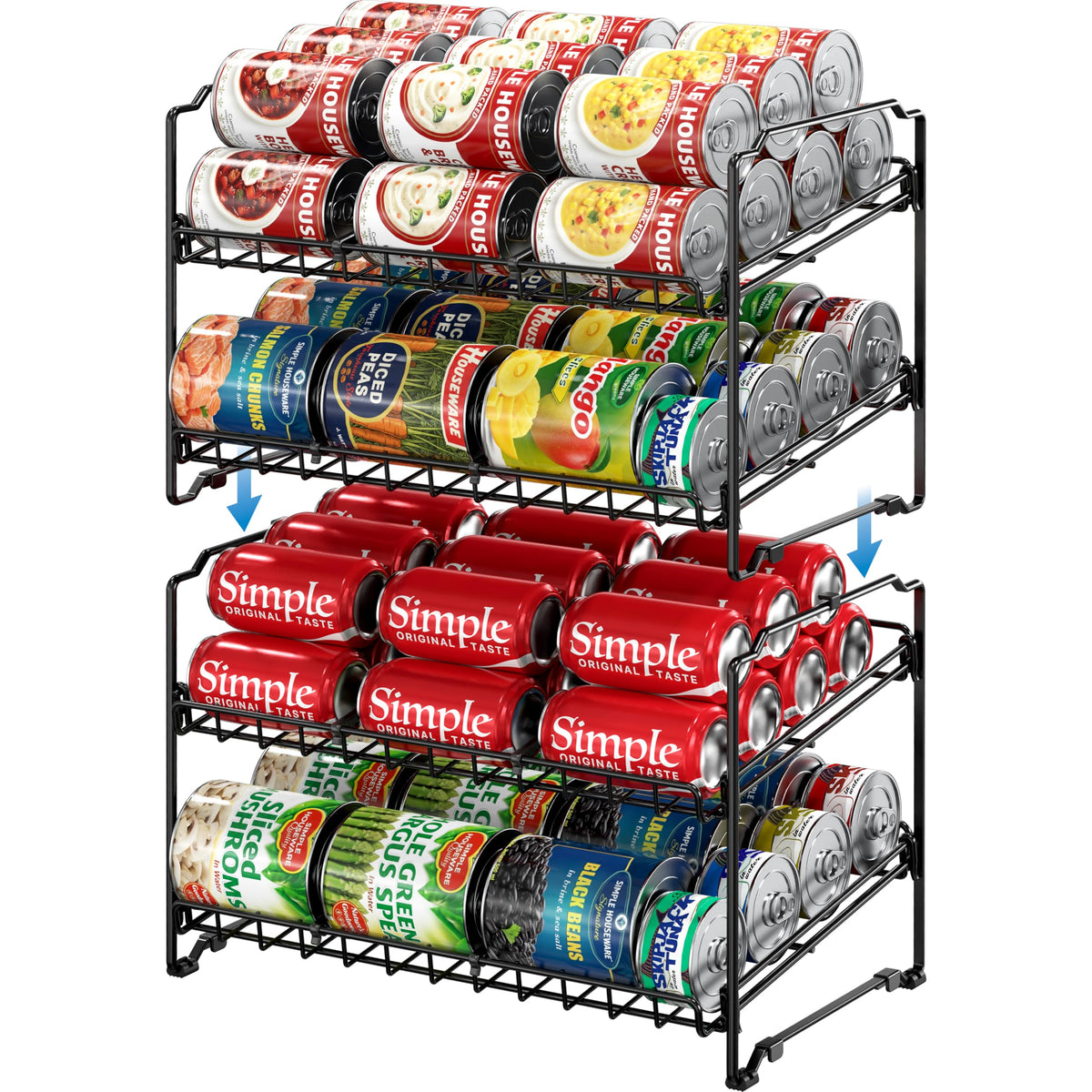 Simple Houseware front view of two black can racks showing neat stacked storage and easy access