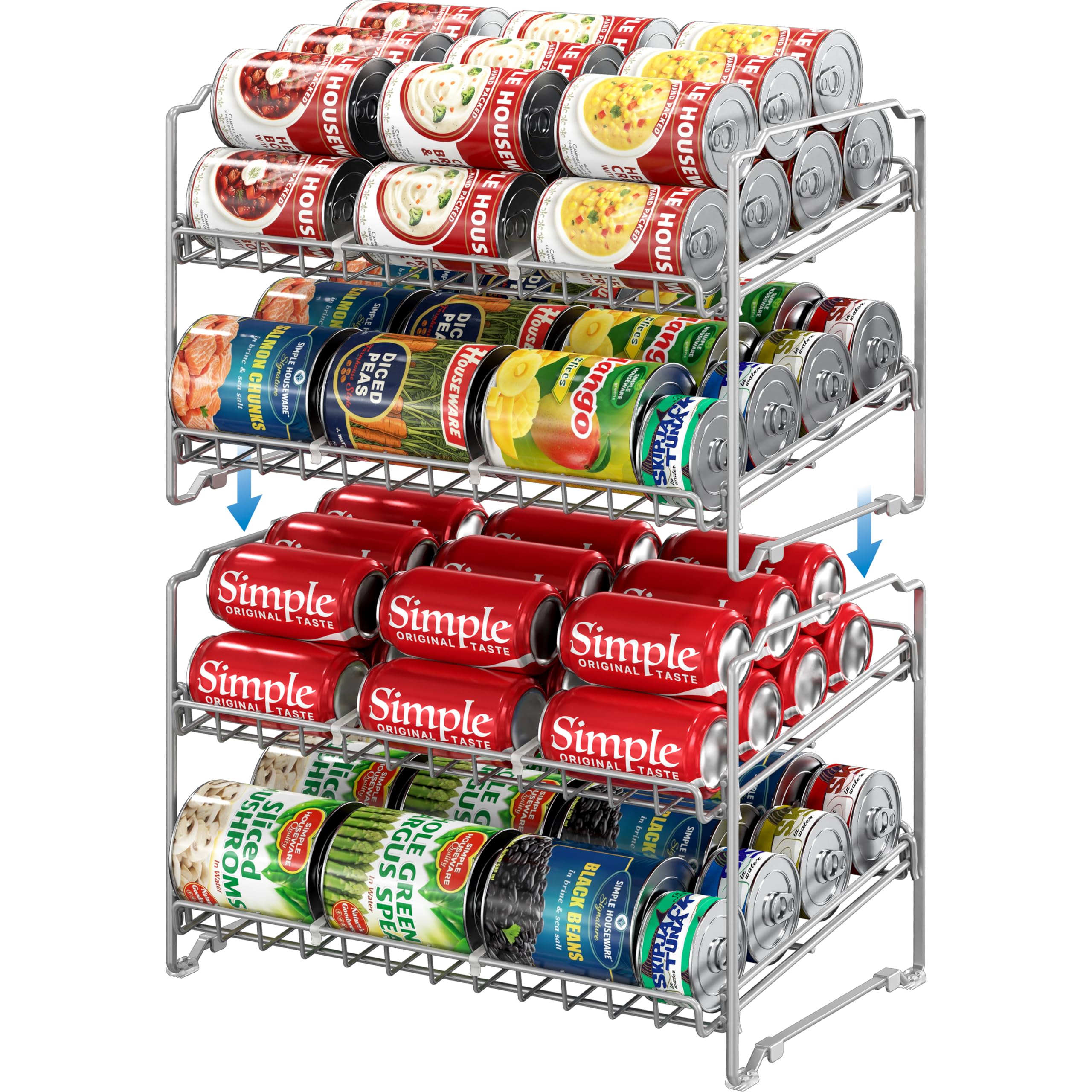 Simple Houseware front view showing silver two-tier can rack and organized storage benefit