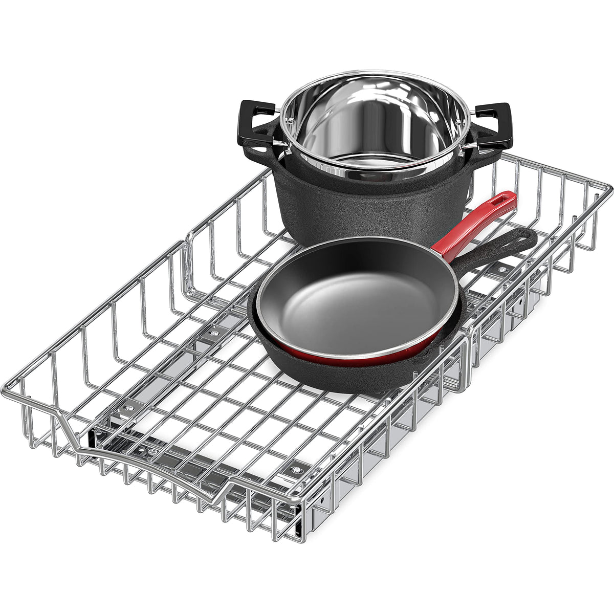 Simple Houseware front view of chrome pull-out shelf showing clean organized storage benefit