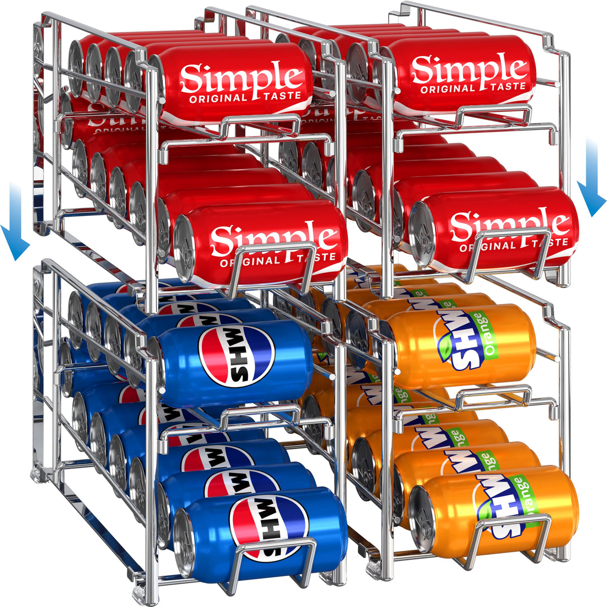 Simple Houseware front view of chrome stackable rack showing neat can rows and quick access