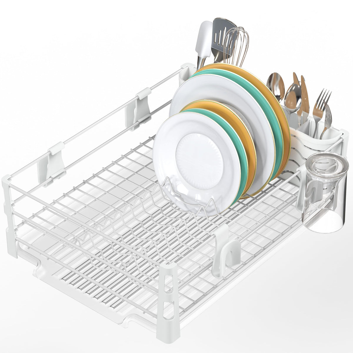 Simple Houseware front view of white dish rack showing organized dishes and tidy counters