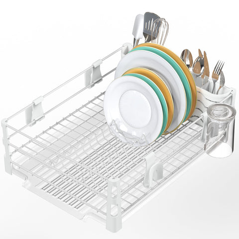 Simple Houseware front view of white dish rack showing organized dishes and tidy counters