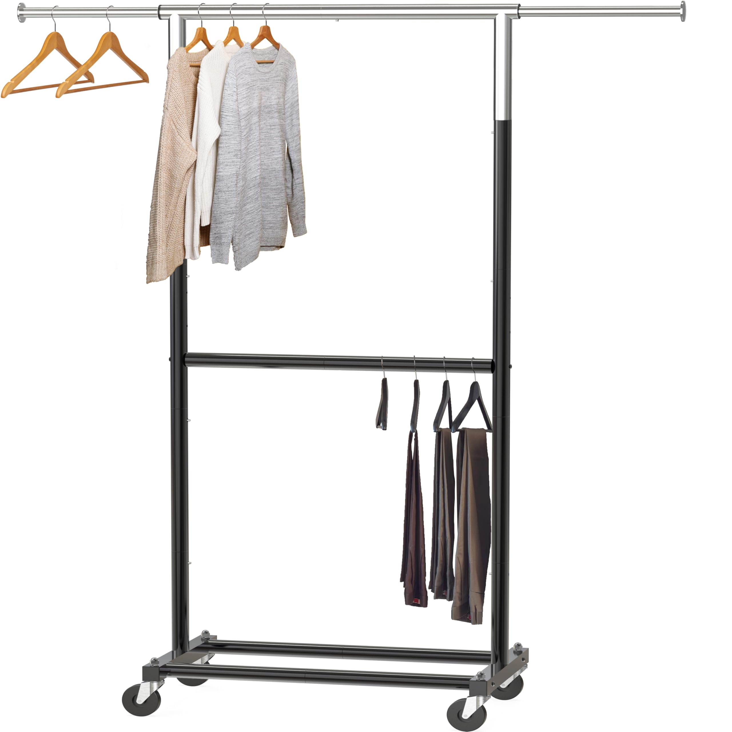 Simple Houseware front view of black double rod rack showing organized clothes and space-saving benefit