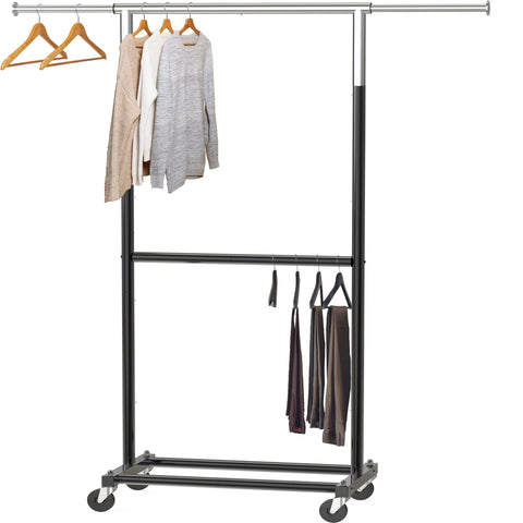 Simple Houseware front view of black double rod rack showing organized clothes and space-saving benefit