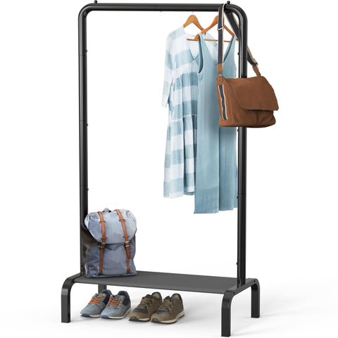 Simple Houseware front view garment rack showing neat hanging and space-saving benefit