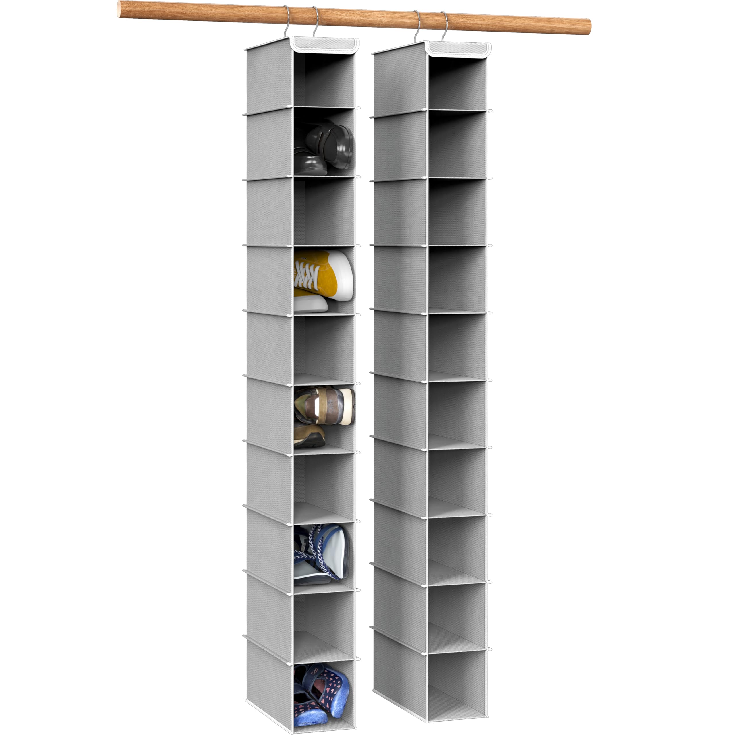 Simple Houseware front view showing ten gray hanging cubbies and space-saving benefit
