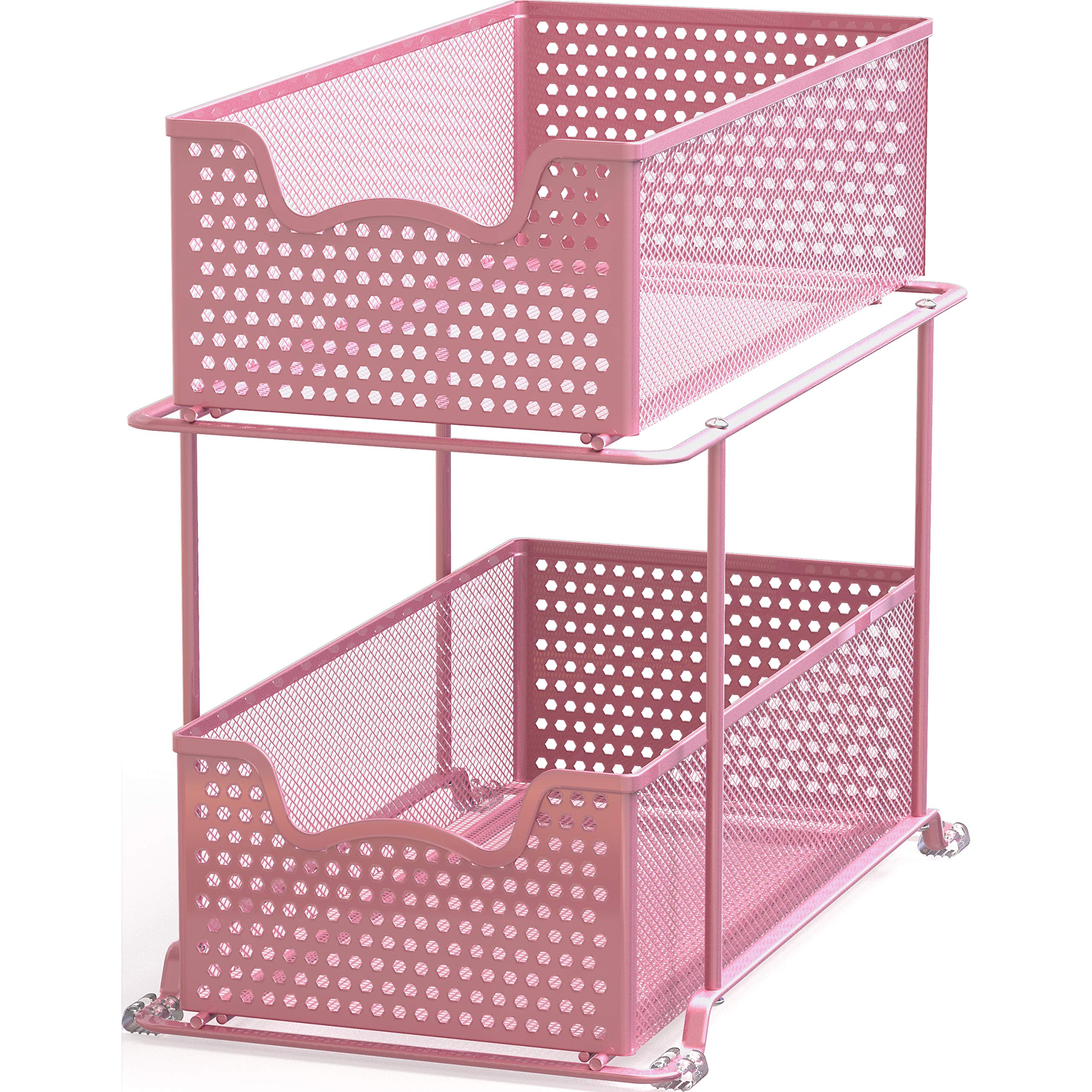 Simple Houseware front view of pink two-tier sliding basket organizer showing clean compact storage