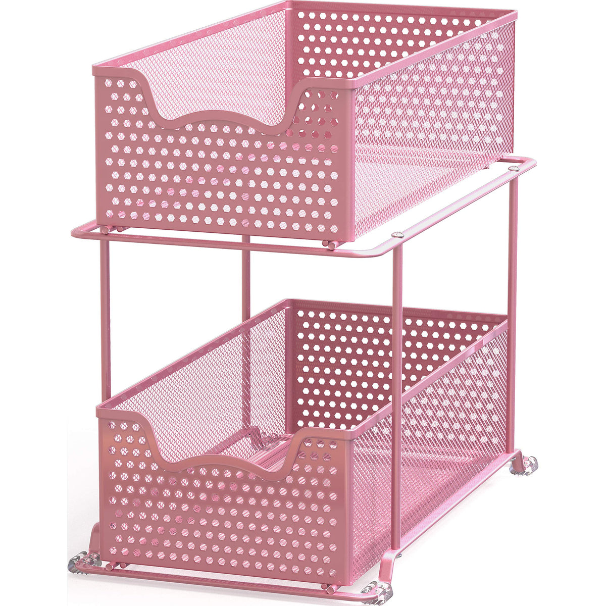 Simple Houseware front view of pink two-tier sliding basket organizer showing clean compact storage
