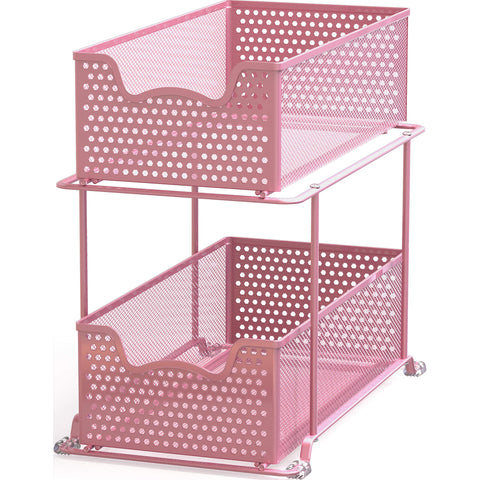 Simple Houseware front view of pink two-tier sliding basket organizer showing clean compact storage