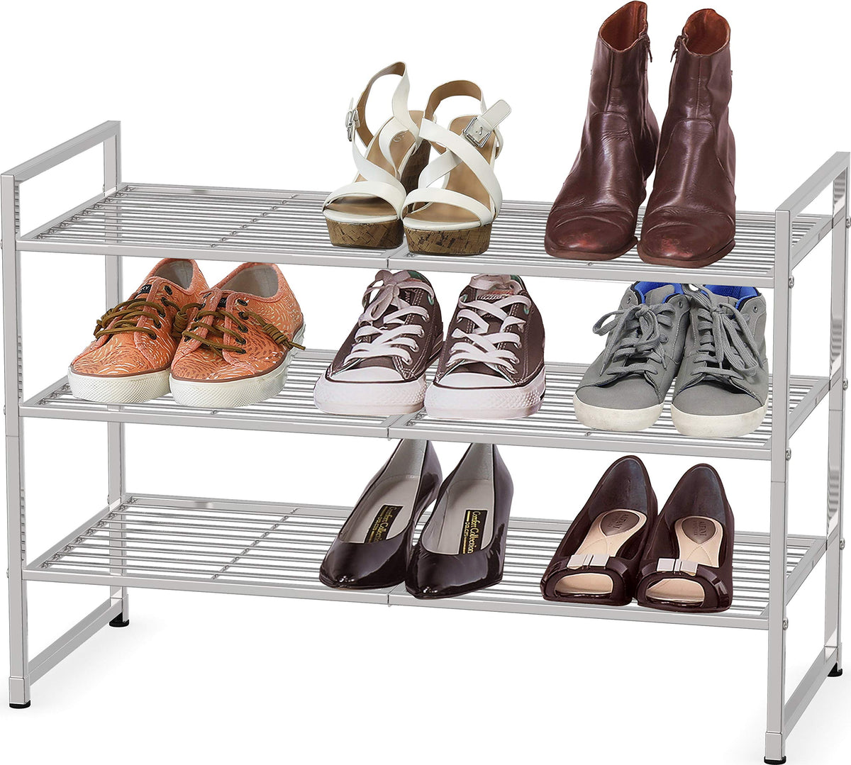 Simple Houseware front view silver rack showing three tidy shoe tiers and space savings