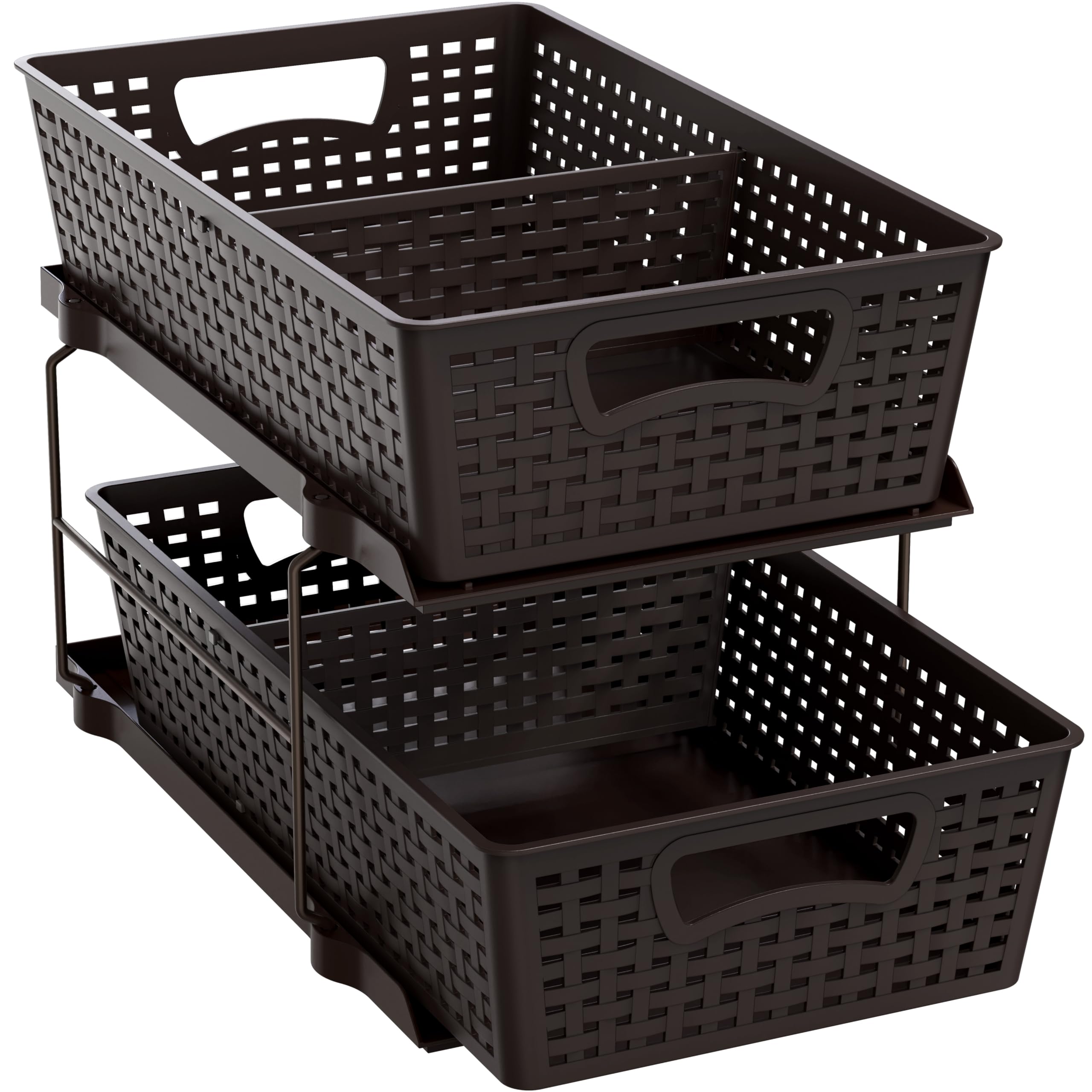 Simple Houseware front view of brown 2-tier pull-out drawer showing tidy organization benefit