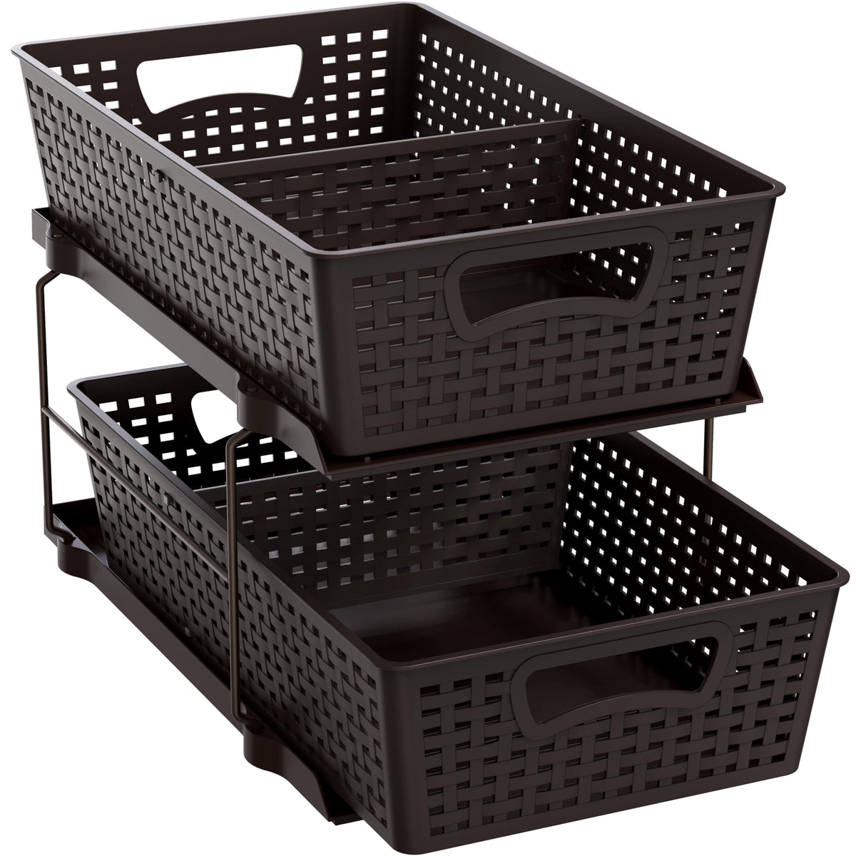 Simple Houseware front view of brown 2-tier pull-out drawer showing tidy organization benefit