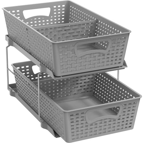 Simple Houseware front view showing gray two-tier sliding organizer and tidy storage benefit