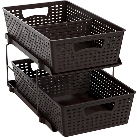 Simple Houseware front view of brown 2-tier pull-out drawer showing tidy organization benefit