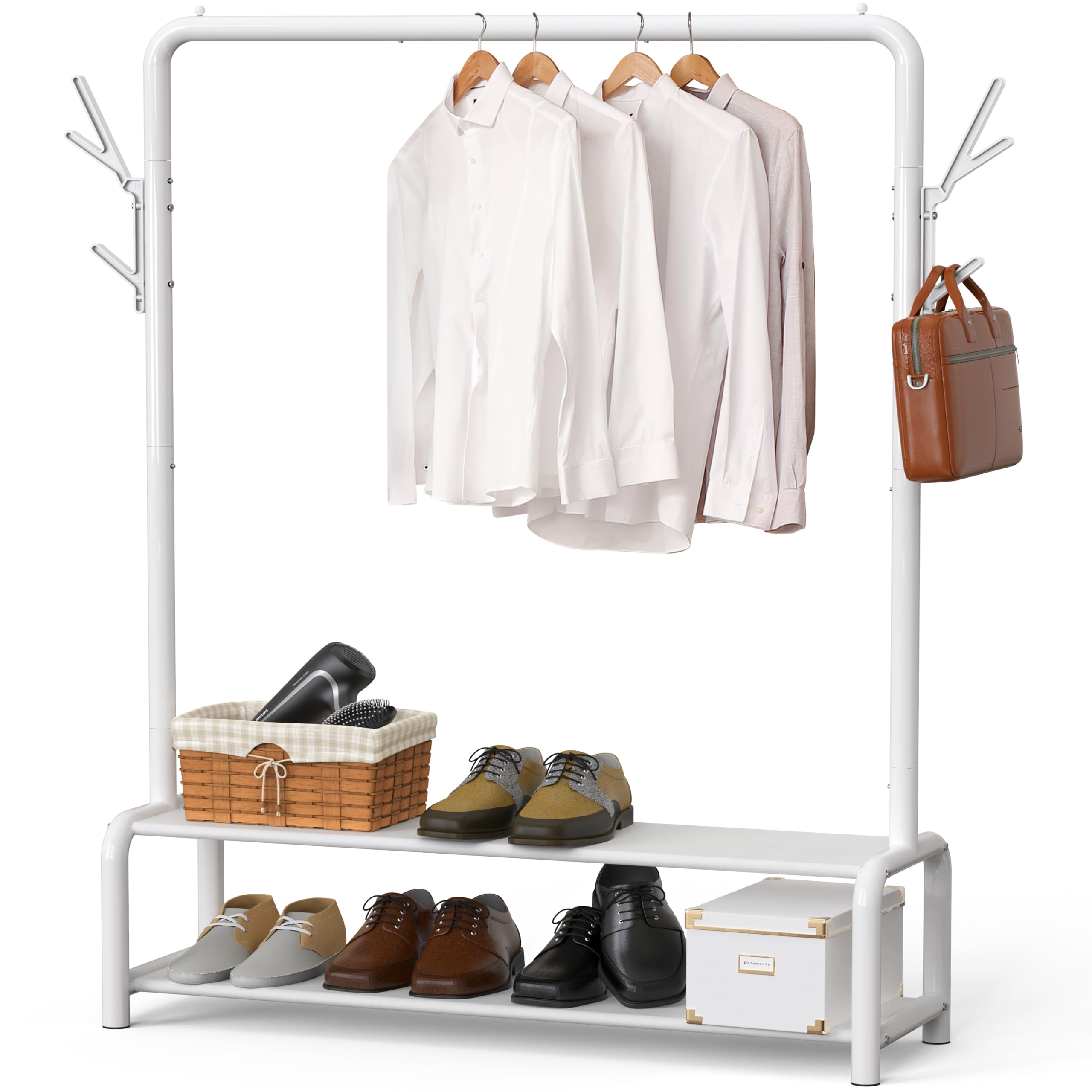 Simple Houseware front view of 52 inch white garment rack showing roomy hanging space and shelves