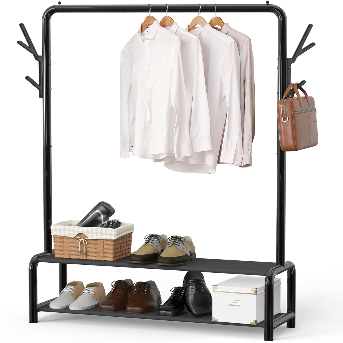 Simple Houseware front view of black 52" garment rack showing organized clothing and shelves for efficient storage