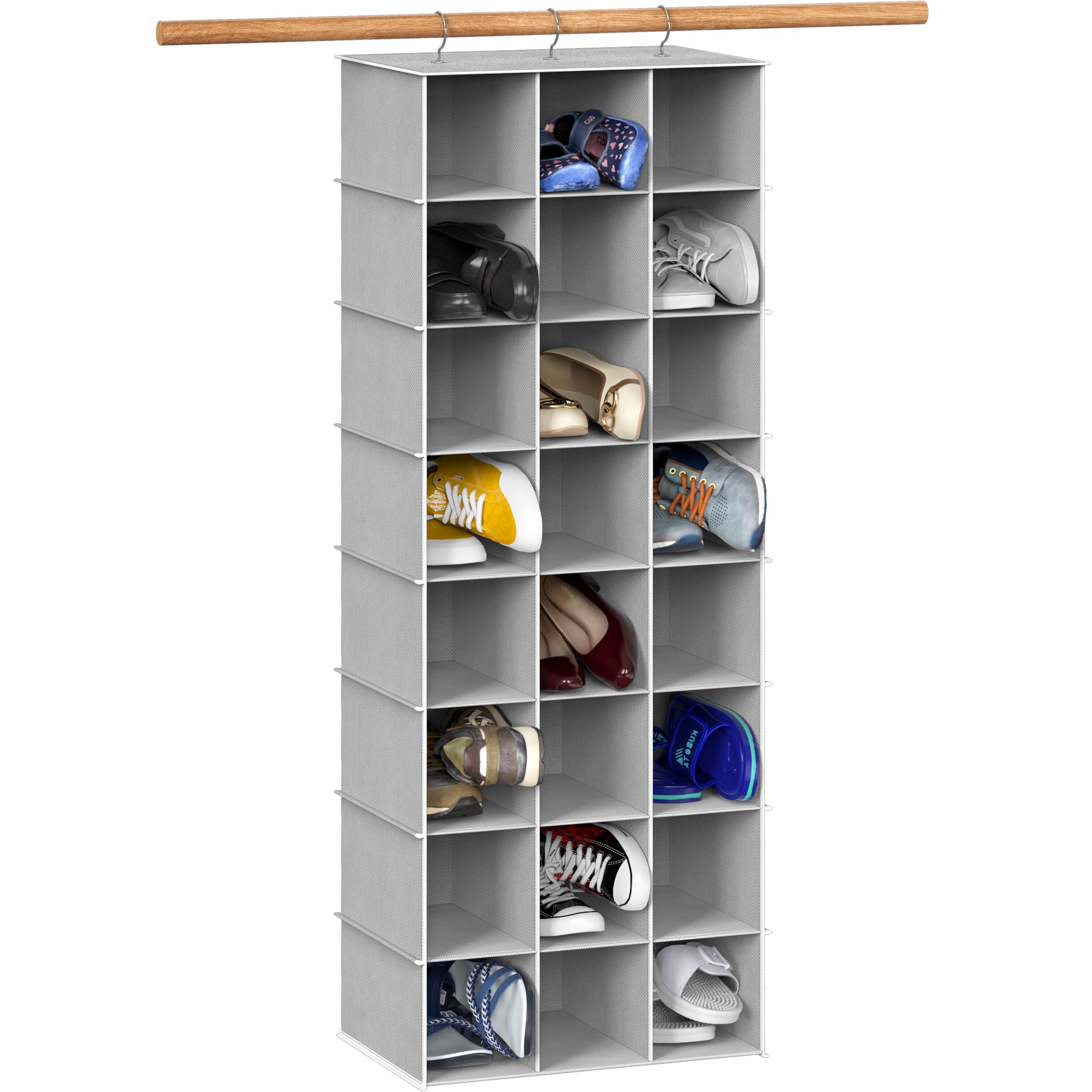 Simple Houseware front view showing 24 gray cubbies and space-saving benefit