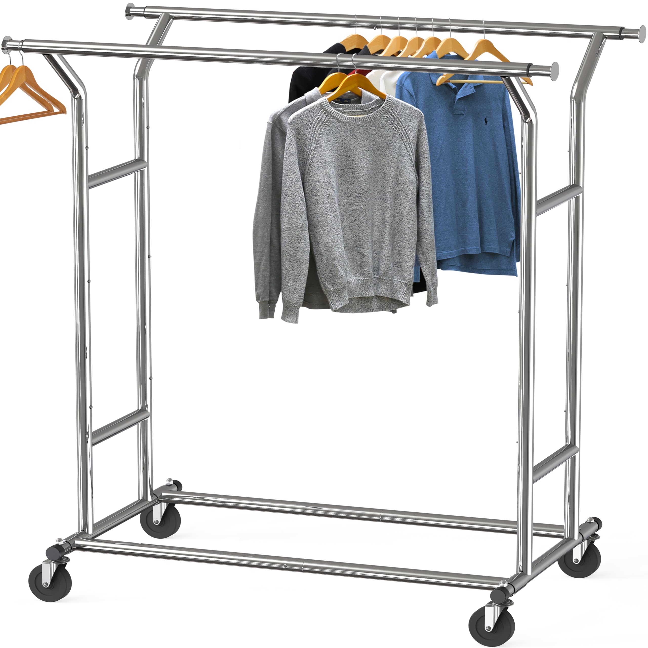 Simple Houseware front view of chrome garment rack showing sturdy double H-frame benefit