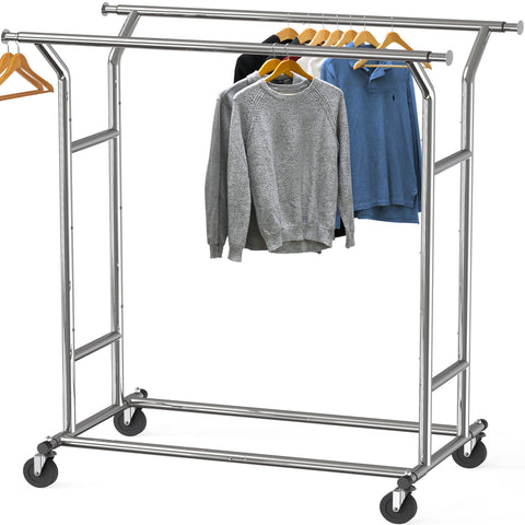 Simple Houseware front view of chrome garment rack showing sturdy double H-frame benefit