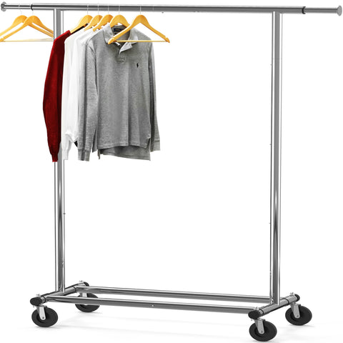 Simple Houseware front view showing full chrome rack and organized clothing