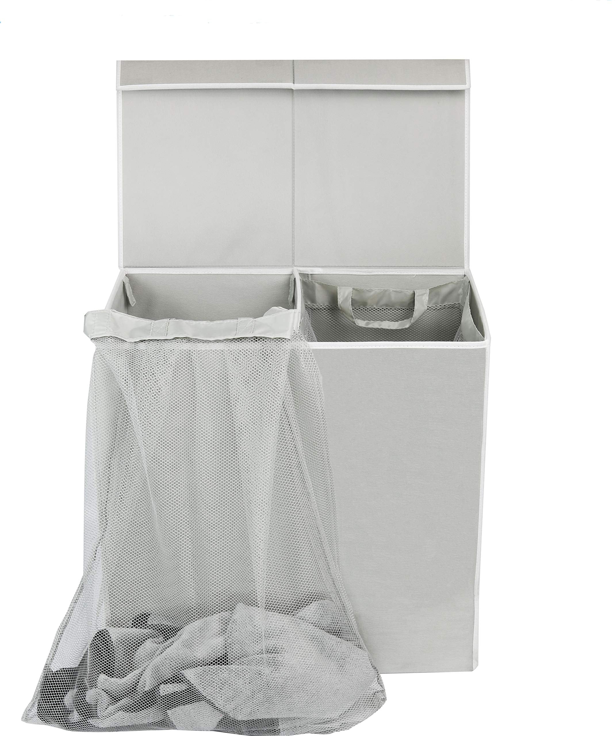 Simple Houseware collapsed hamper folded flat to save closet storage space benefit
