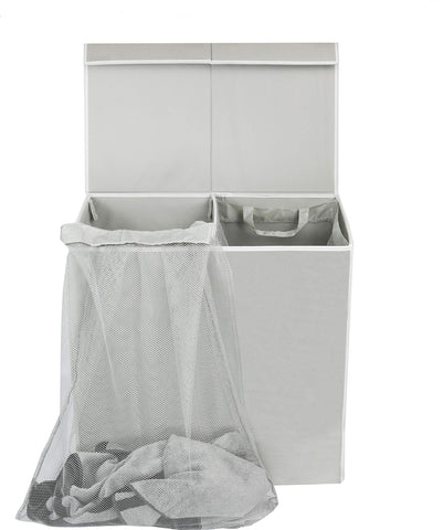Simple Houseware collapsed hamper folded flat to save closet storage space benefit