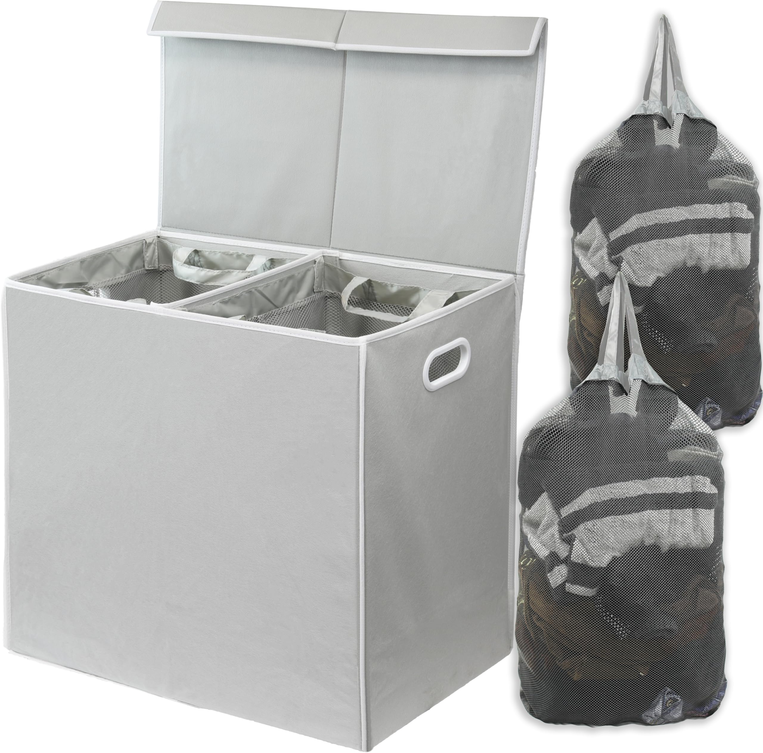 Simple Houseware front view of grey double laundry hamper showing neat storage benefit