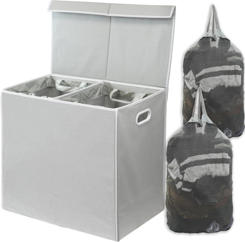 Simple Houseware front view of grey double laundry hamper showing neat storage benefit