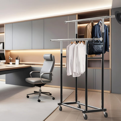 Simple Houseware loaded rack with hangers showing efficient space use benefit