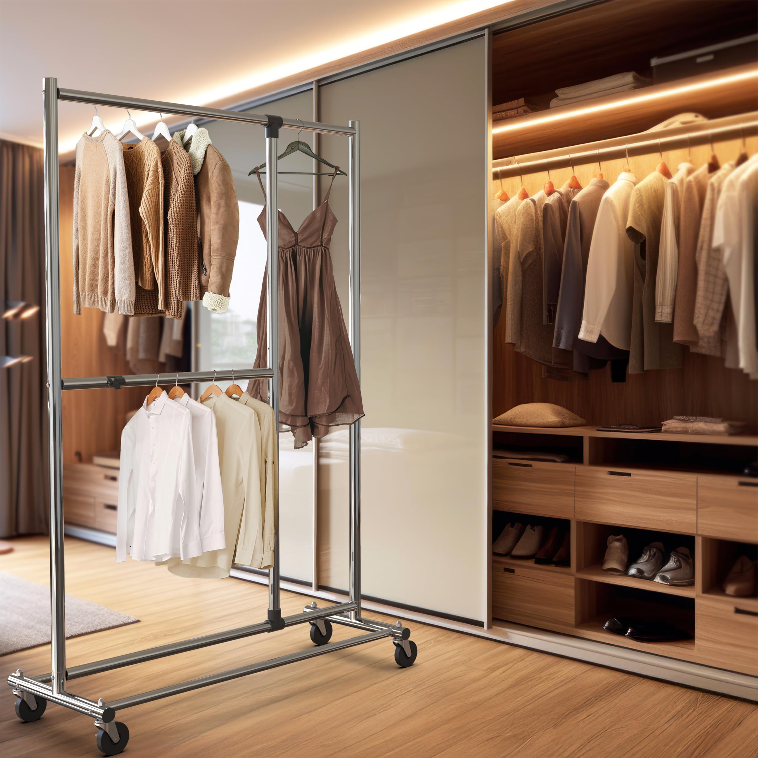 Simple Houseware height adjustment demonstration illustrating customizable clearance for long garments