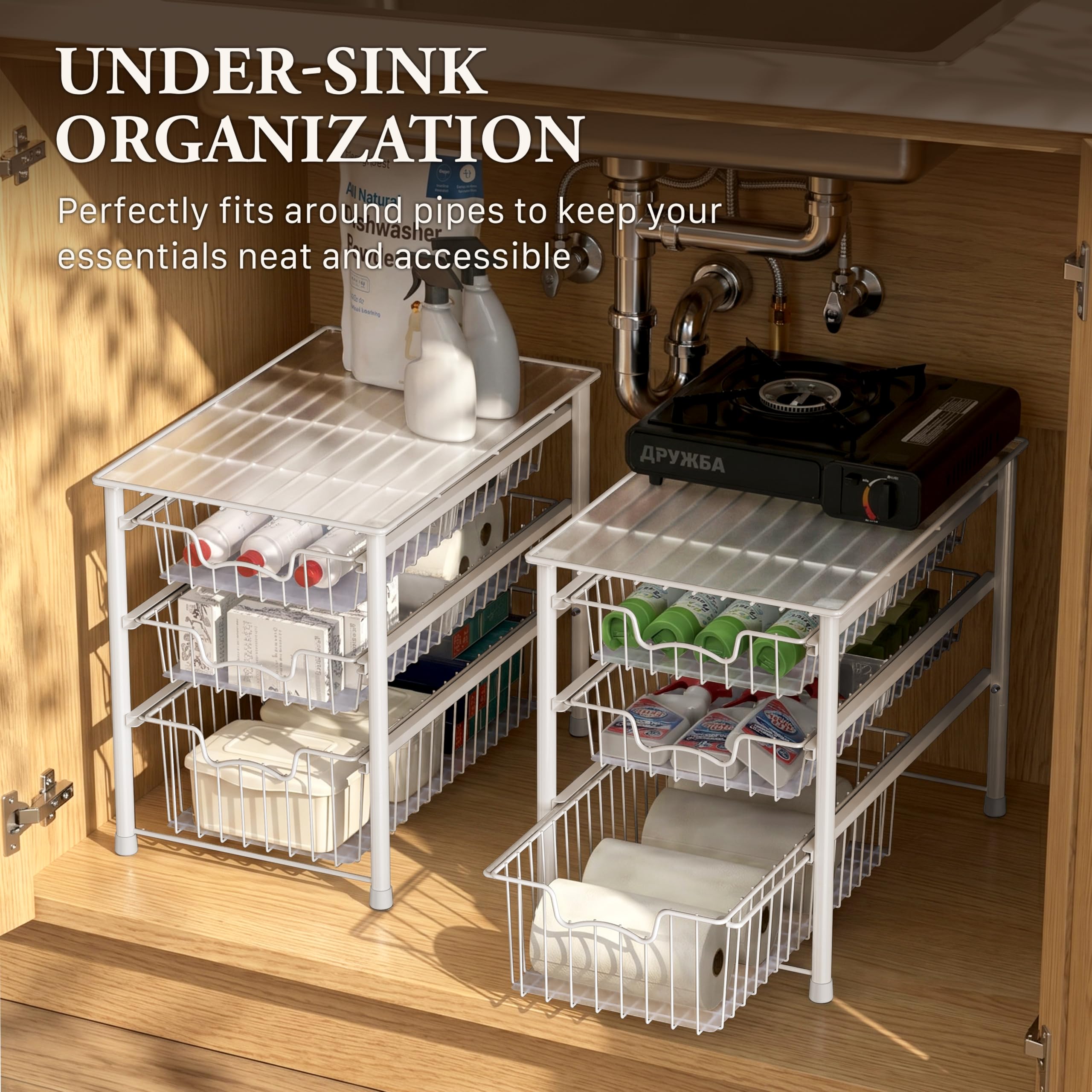 Simple Houseware installed inside cabinet maximizing vertical space and easy reach