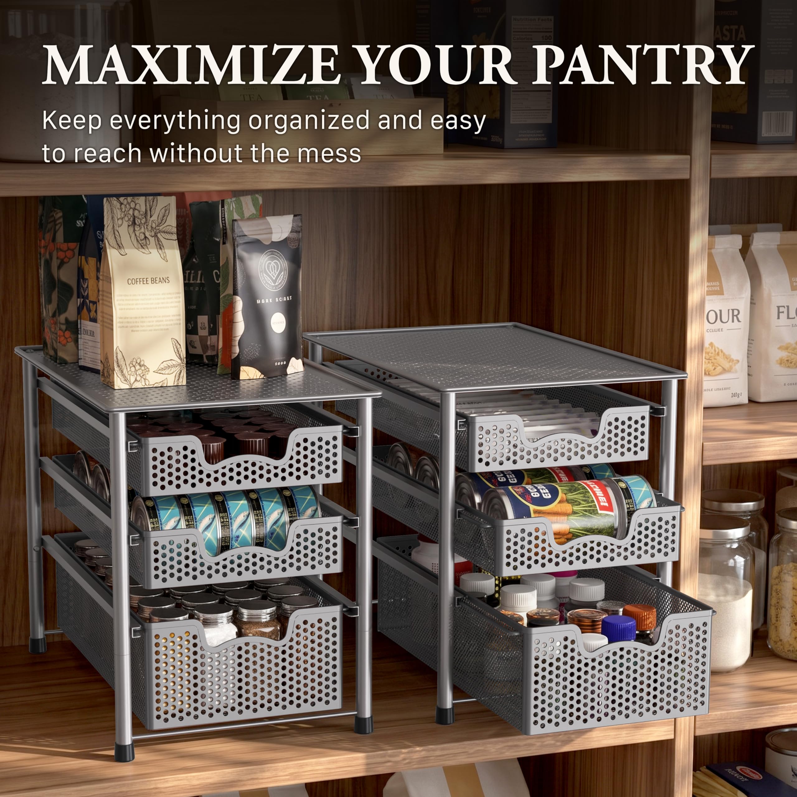 Simple Houseware placed in kitchen pantry holding spices and jars to maximize shelf space