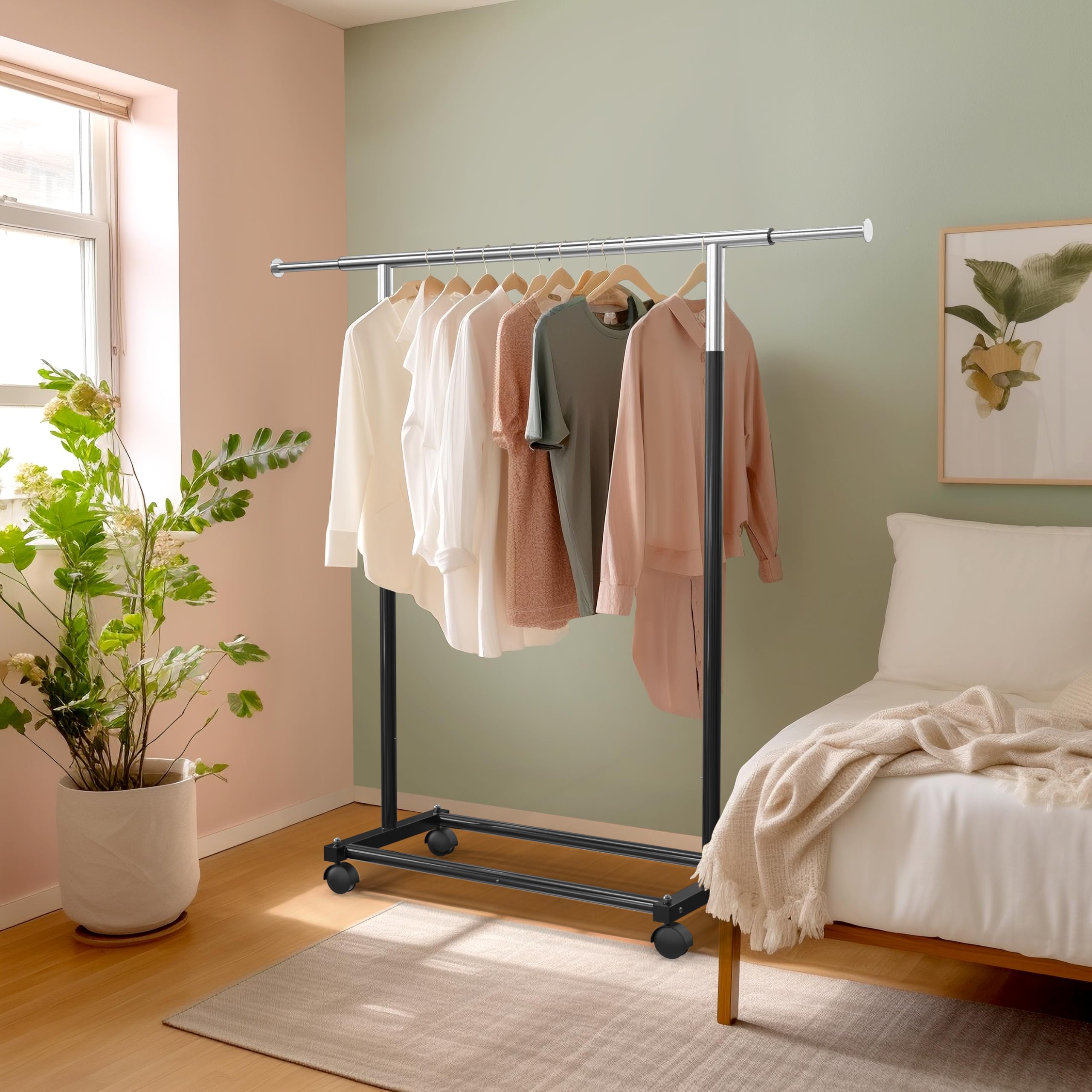 Simple Houseware rack loaded with shirts and dresses illustrating organized storage