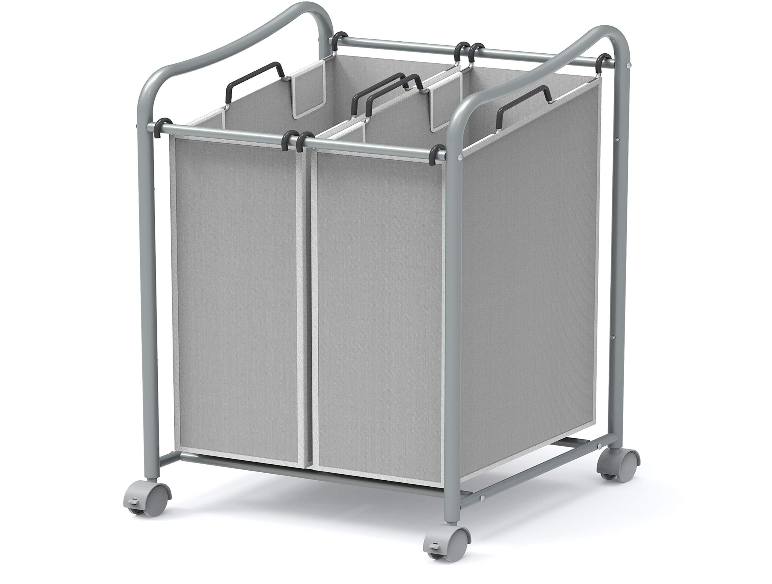Simple Houseware front view of silver 2-bag laundry sorter shows compact profile and convenience