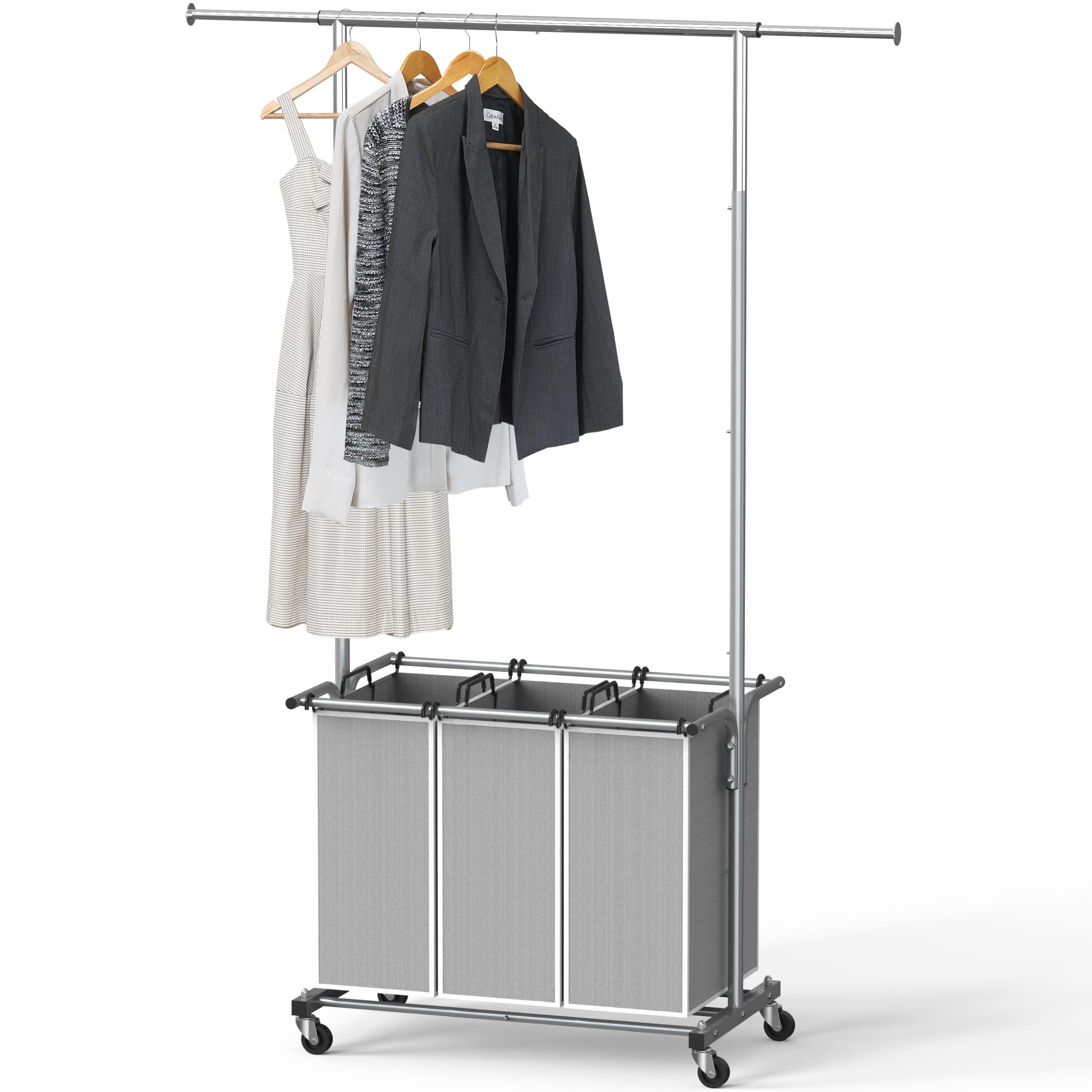 Simple Houseware front view of silver laundry sorter showing three organized bags