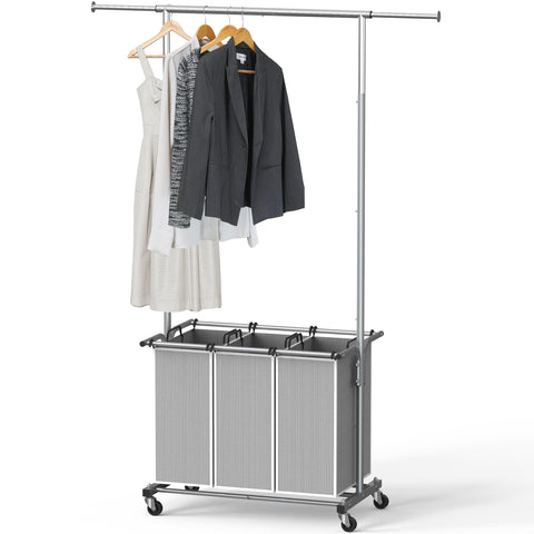 Simple Houseware front view of silver laundry sorter showing three organized bags