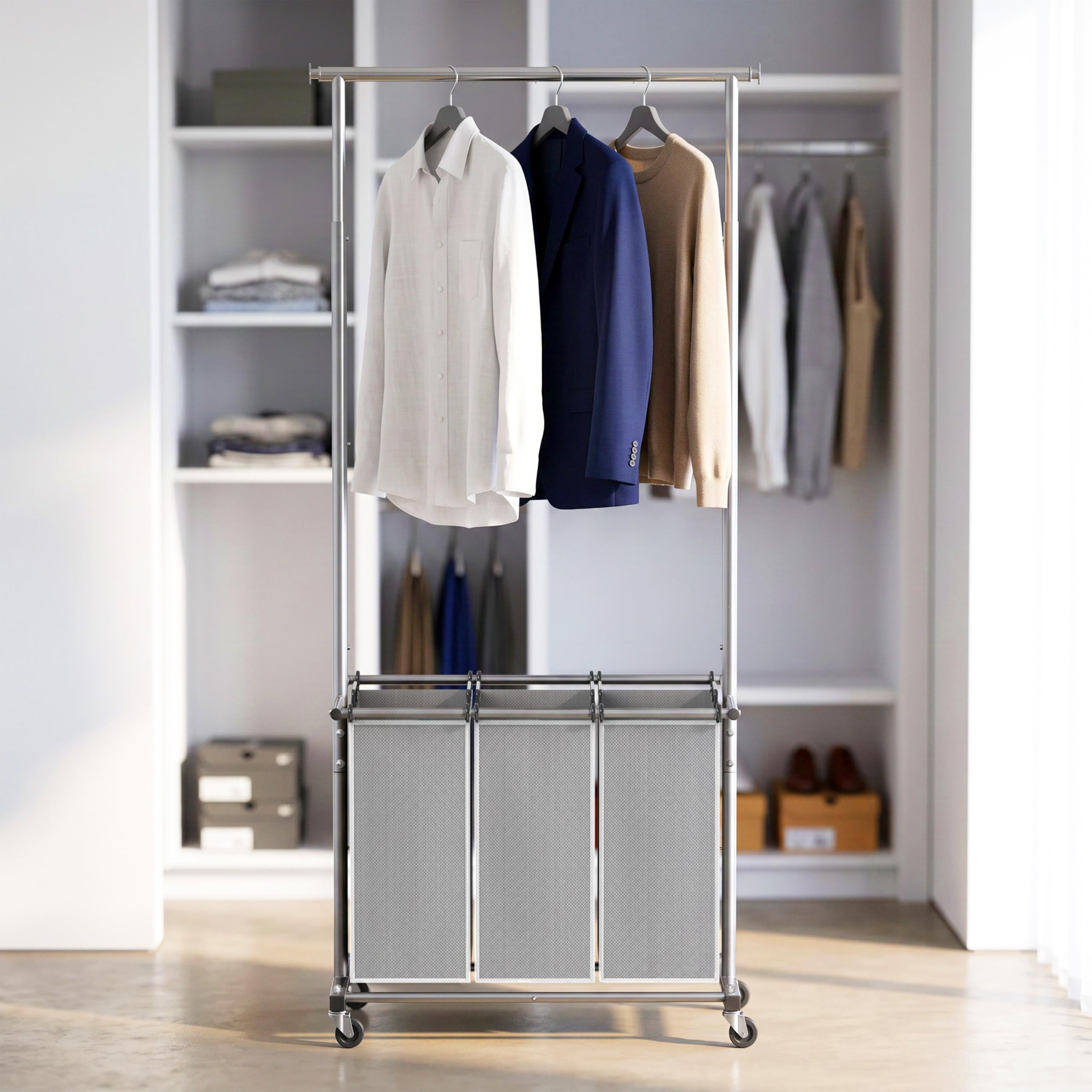 Simple Houseware laundry sorter in a bedroom holding coats and folded laundry