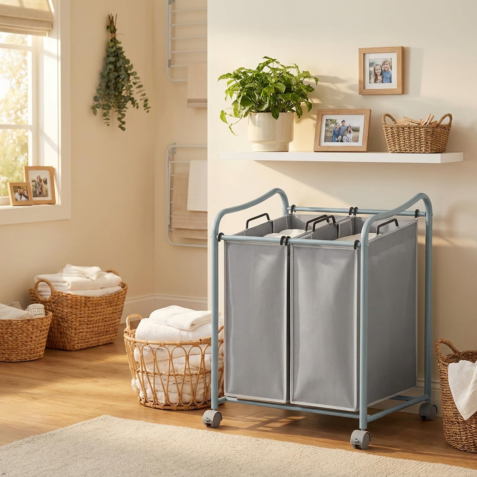Simple Houseware laundry cart in use being rolled through laundry room for fast transport