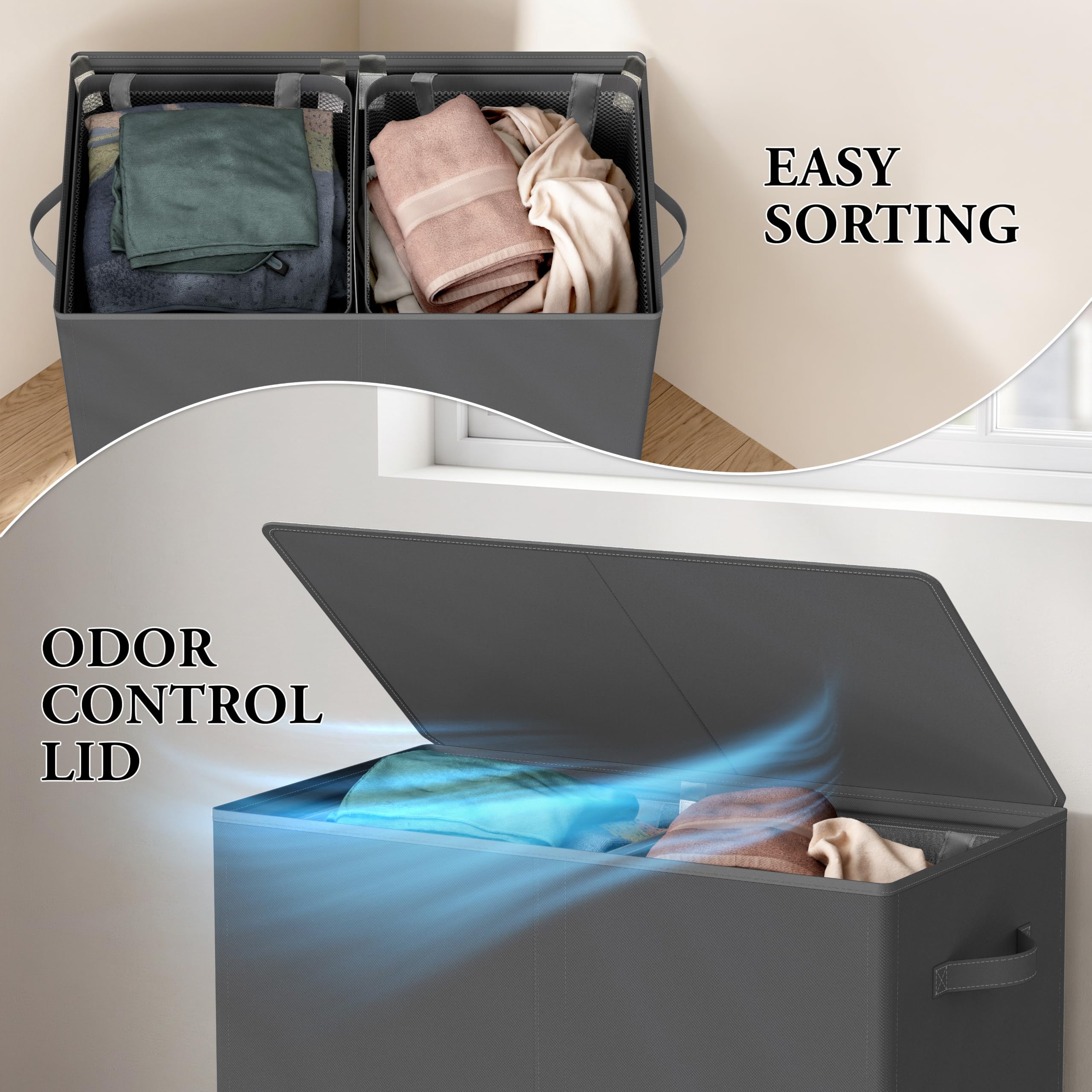 Simple Houseware lid detail with panel and flip-top benefit: contains odors and clutter