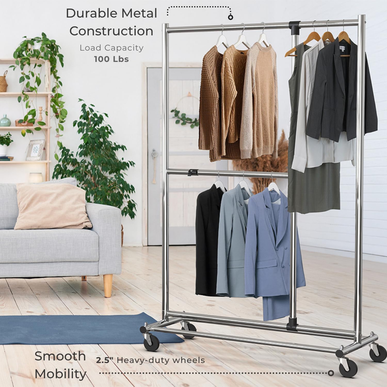 Simple Houseware in a bedroom setting displaying garment rack as a stylish, temporary closet solution