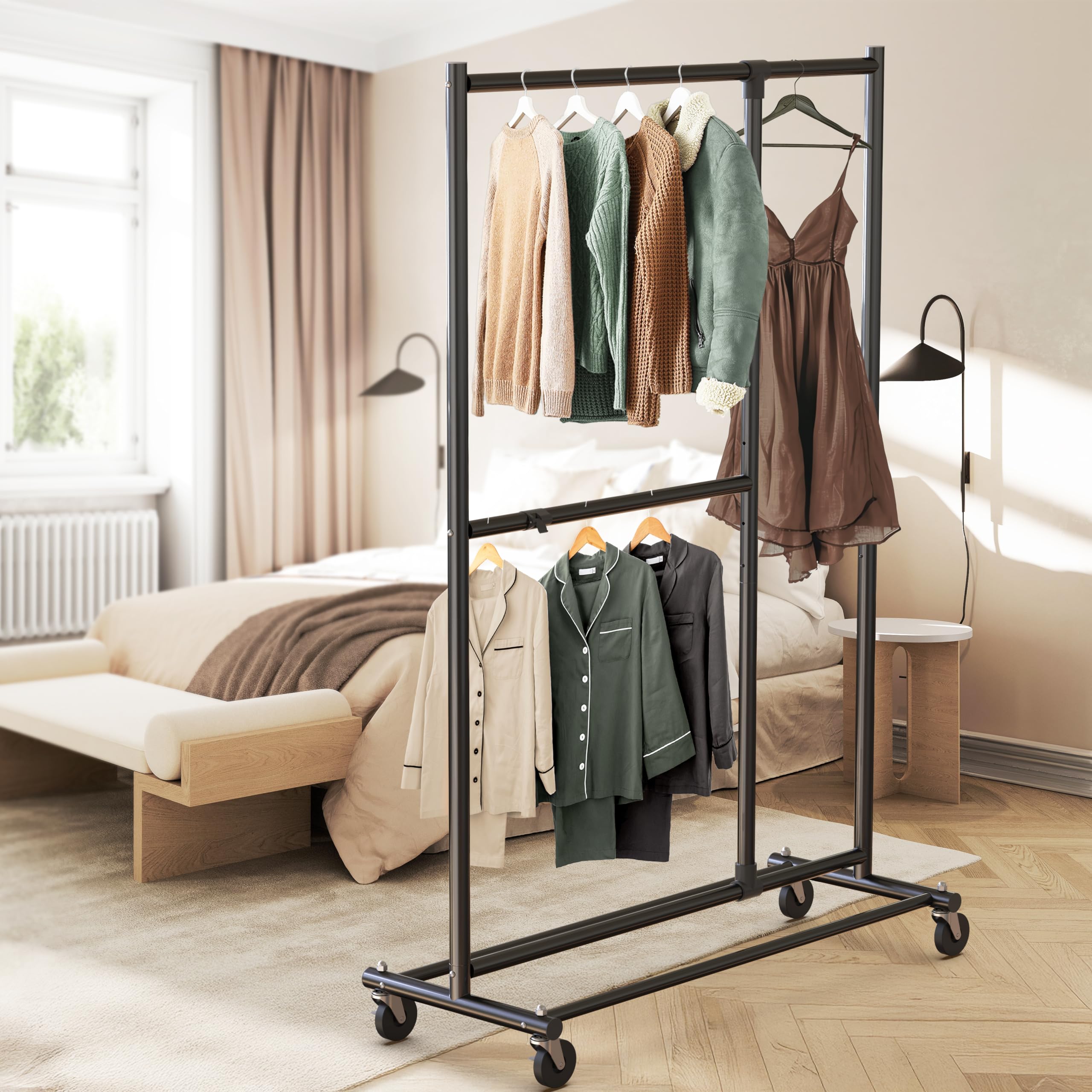 Simple Houseware loaded with clothes in a bedroom showing increased wardrobe capacity benefit