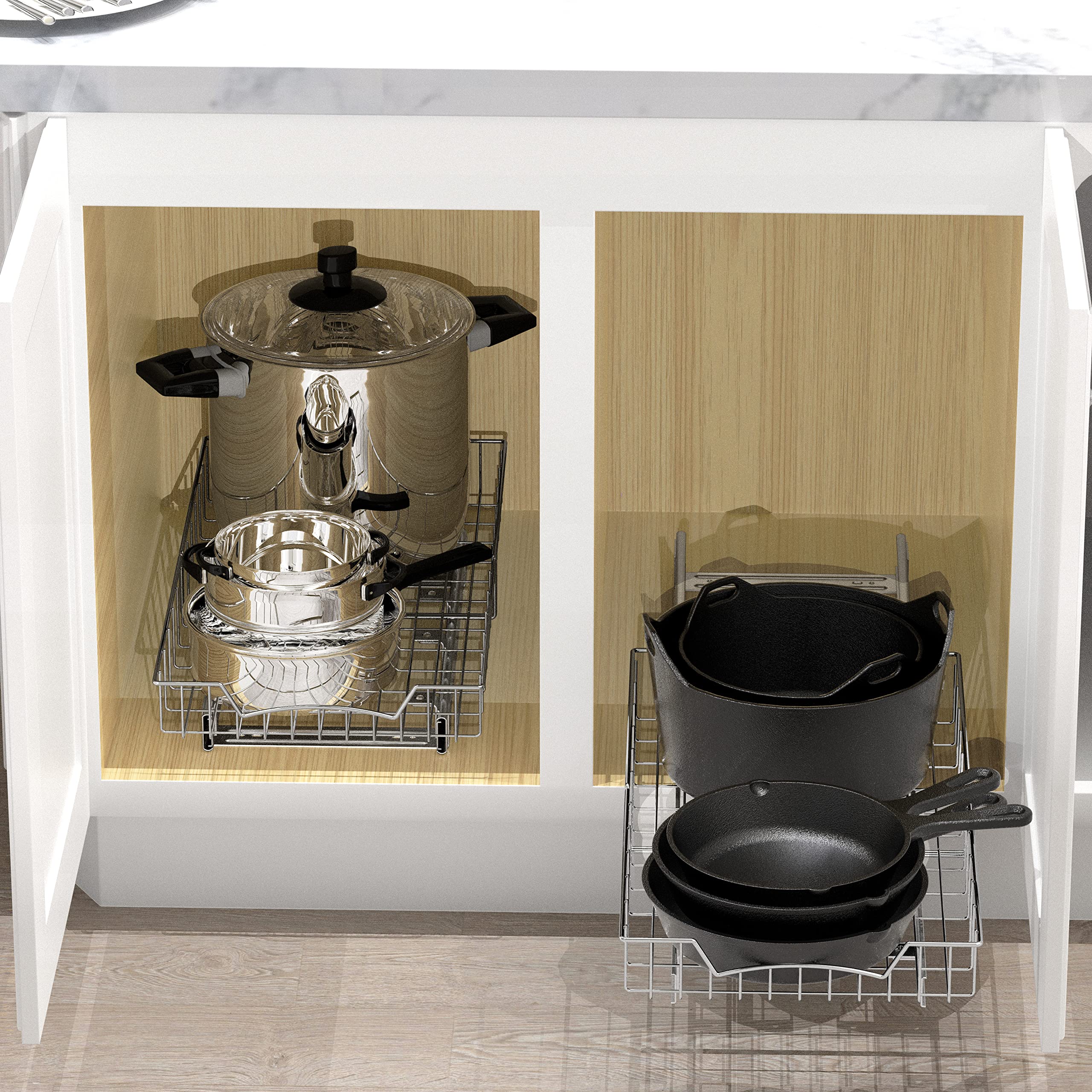 Simple Houseware mounted inside a kitchen cabinet demonstrating easier reach benefit