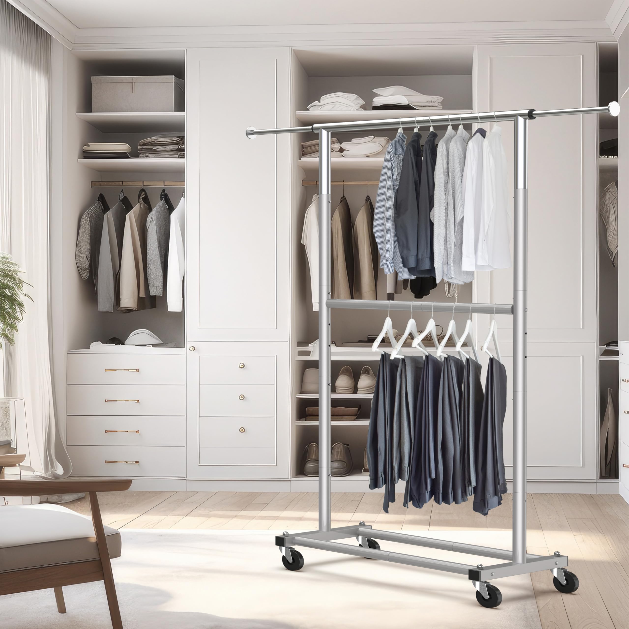 Simple Houseware garment rack in bedroom showing space-saving wardrobe benefit