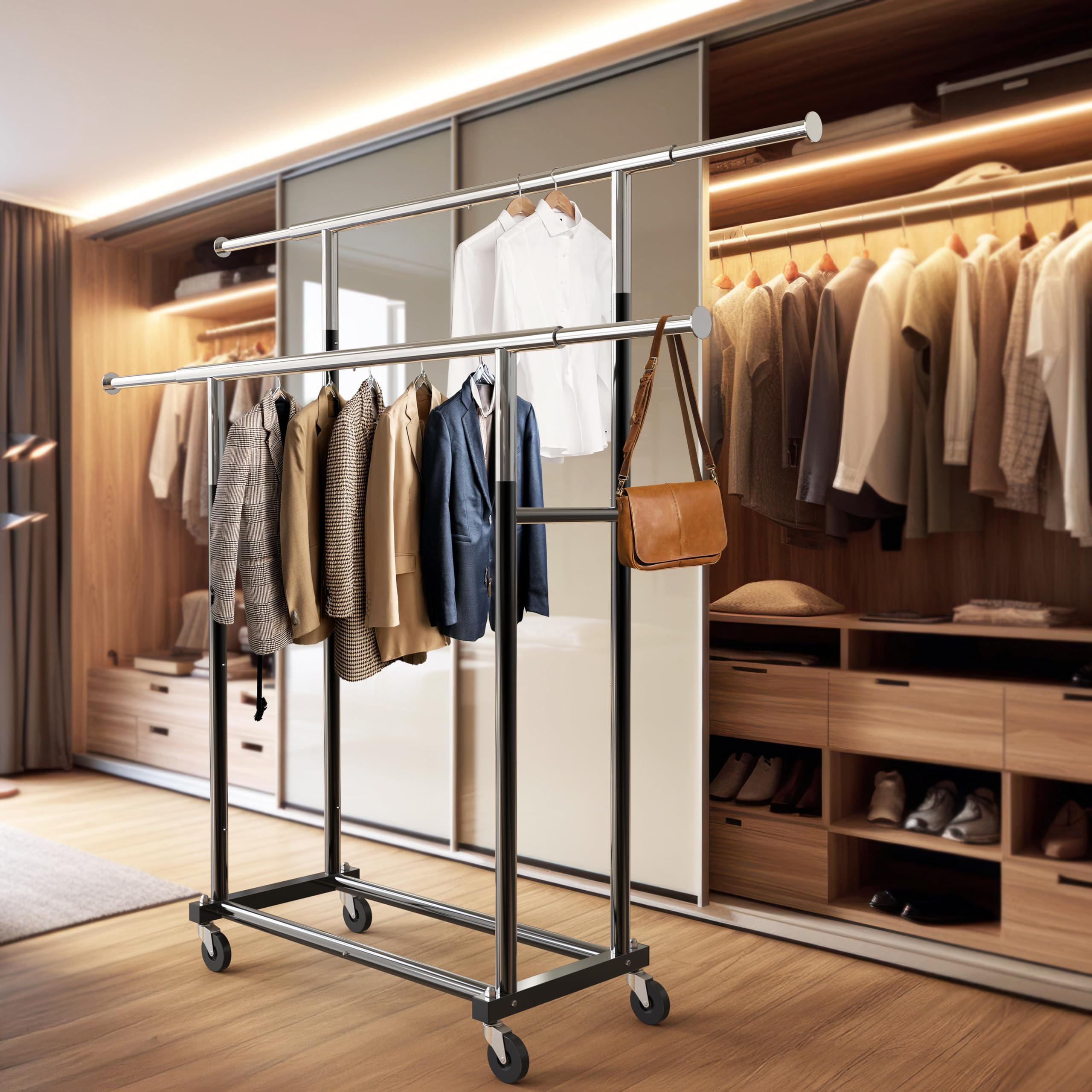 Simple Houseware garment rack in a bedroom showing organized wardrobe benefit