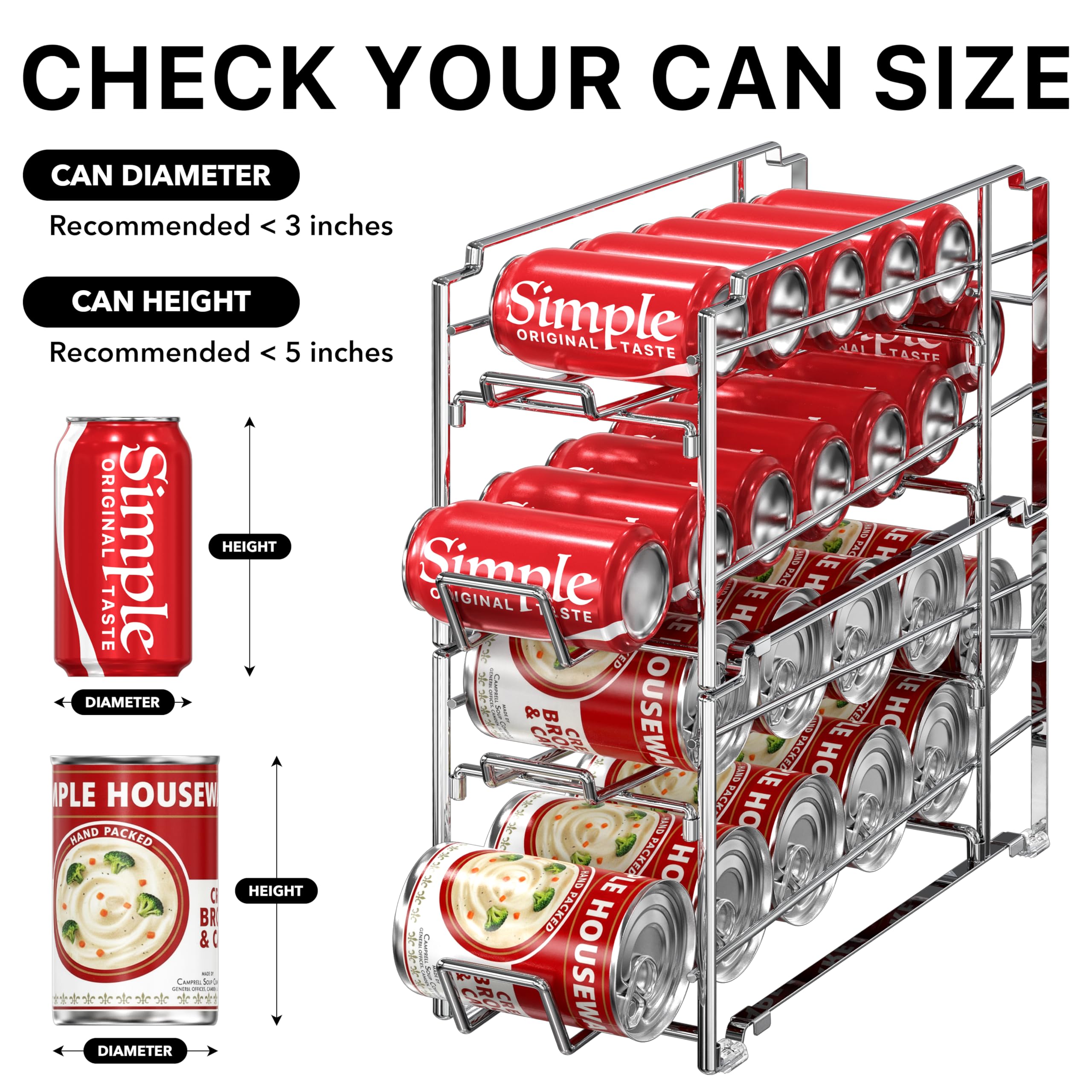 Simple Houseware size comparison with hand and cans demonstrating compact footprint and capacity
