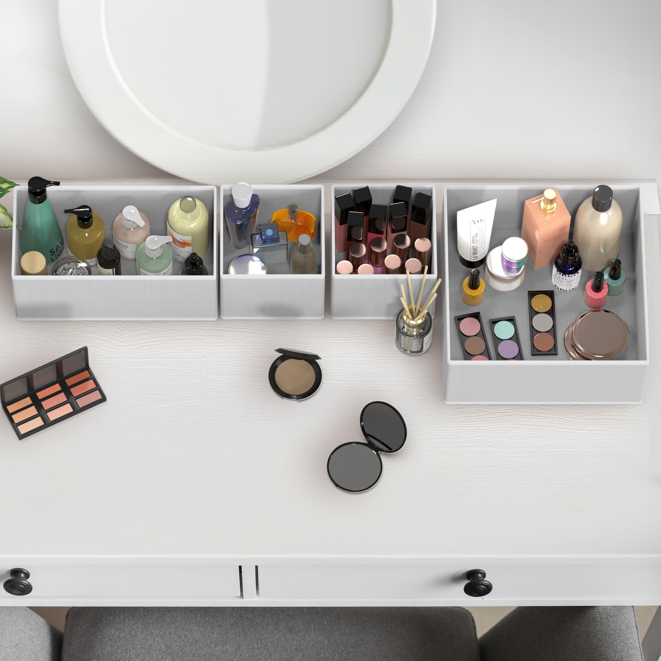 Simple Houseware organizers beside a ruler showing accurate size benefit