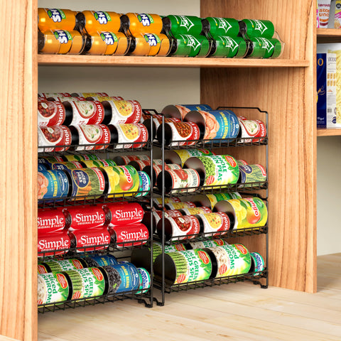 Simple Houseware can rack next to a soda can showing compact footprint and space-saving benefit