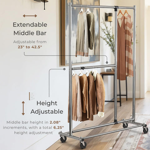 Simple Houseware loaded rack with clothes to show real-world capacity and space-saving arrangement