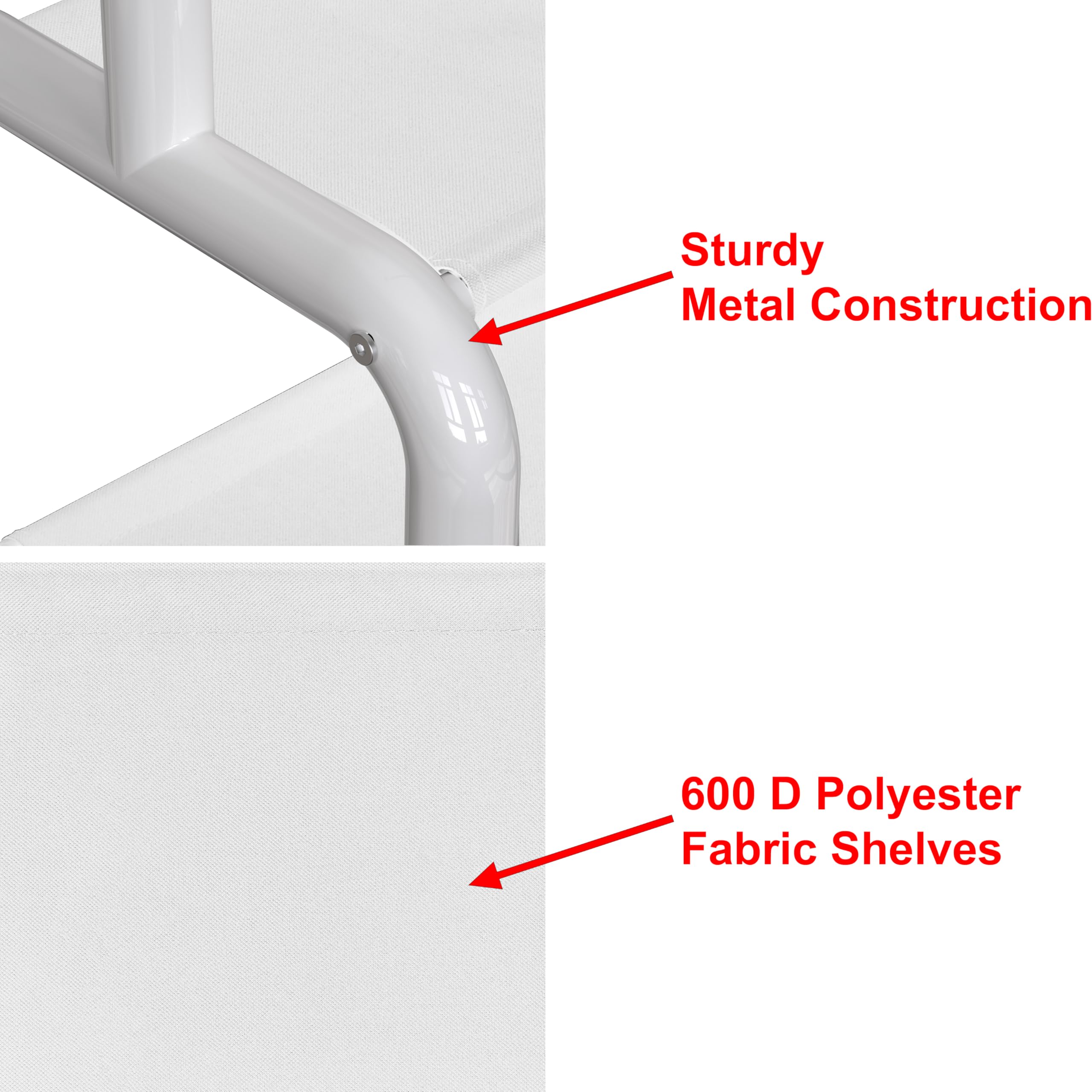 Simple Houseware fabric shelf detail highlighting 600D shelf strength for shoes and bins