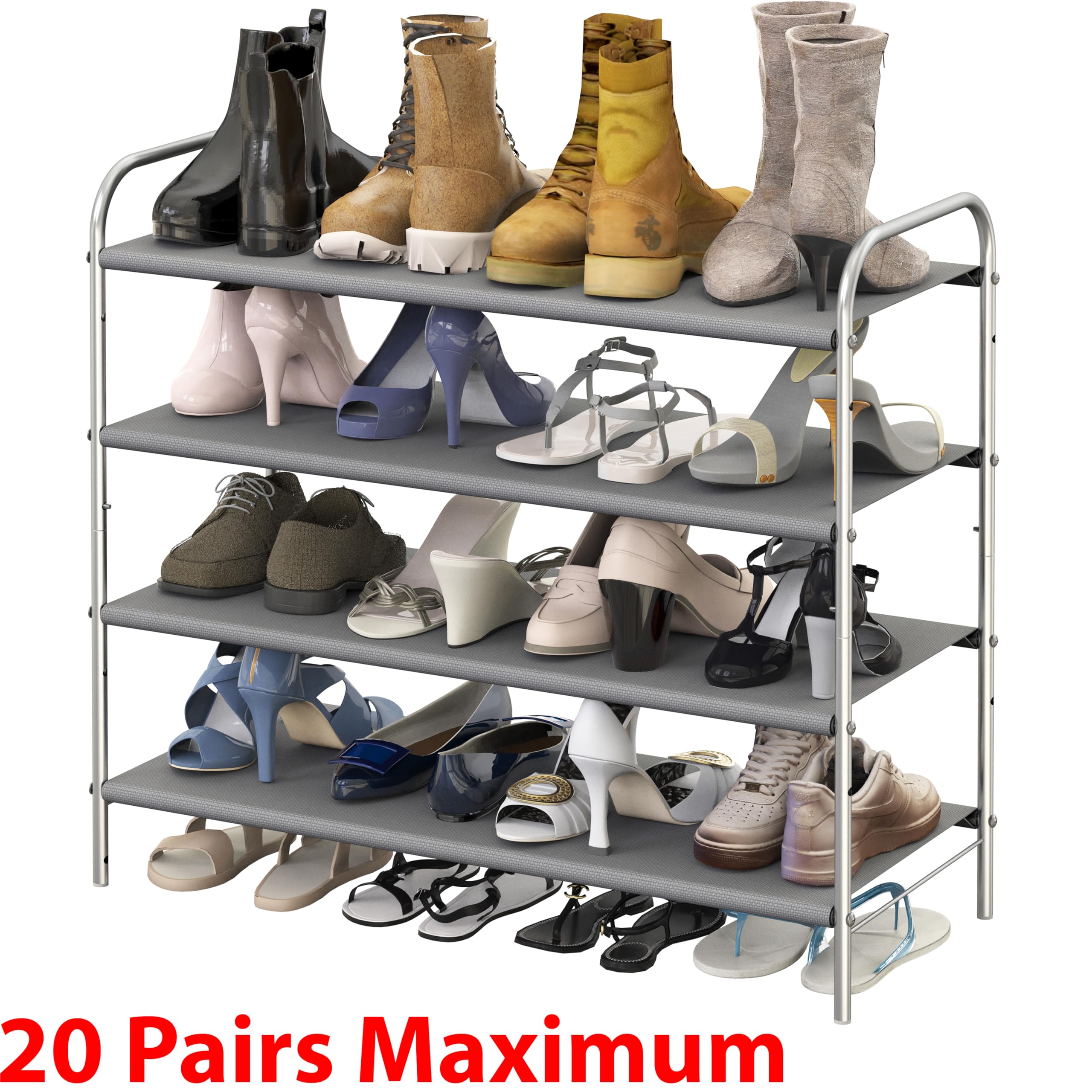 Simple Houseware shelf bearing shoes to show sturdy metal frame and 30 lb capacity